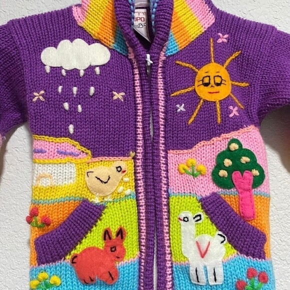 Grupo Peruvian Toddler Hooded Full Zip Sweater Purple 12 Months Hand Embroidered - Picture 3 of 7